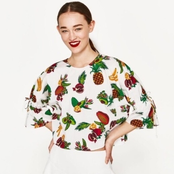 Zara Tropical Fruit Cropped Blouse with Sequins - Picture 1 of 1